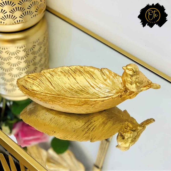 Golden Resin Deep Leaf Tray with Bird Accent – Elegant Decorative Accent for Home