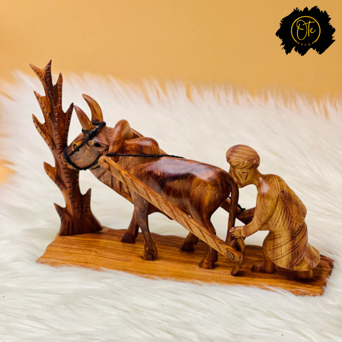 Rustic Hand-Carved Wooden Farmer Sculpture – Traditional Village Artwork