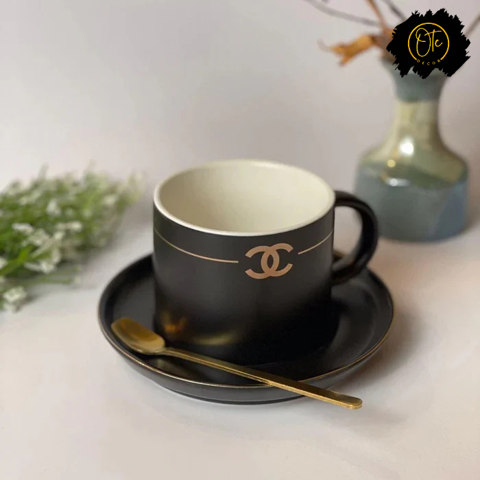 Luxury Black Ceramic Cup with Gold Saucer and Spoon