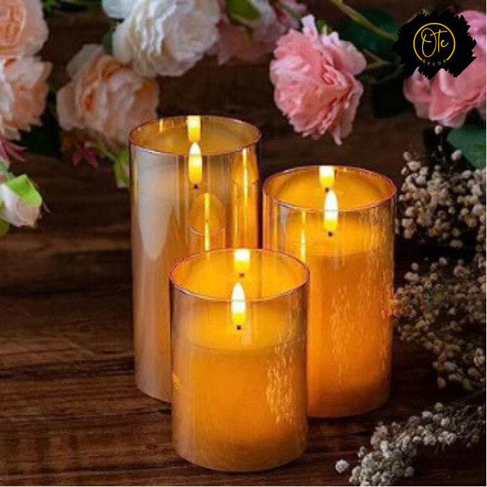 Simile Gold Glass Flameless Candles Flickering ( Set of 3 ) OTC