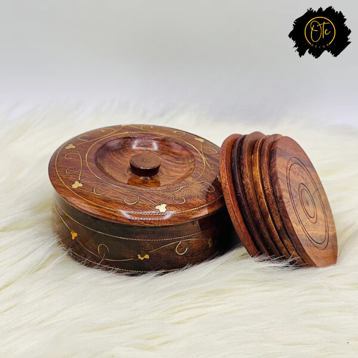 Handcrafted Wooden Brass Inlay Tea Coaster Set – Elegant Table Décor