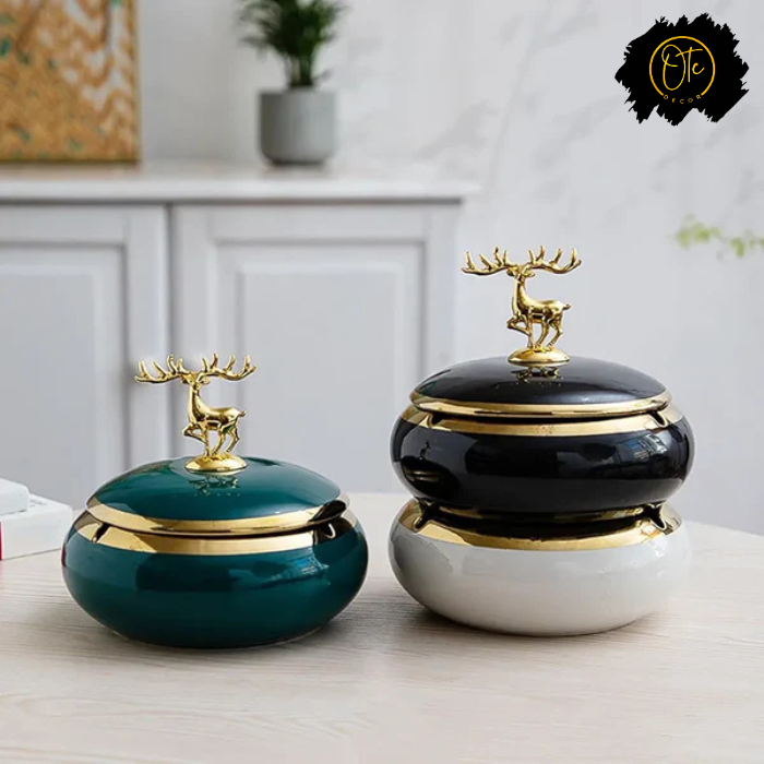 Luxury Ceramic Ashtray with Deer Lid – Elegant Home Décor