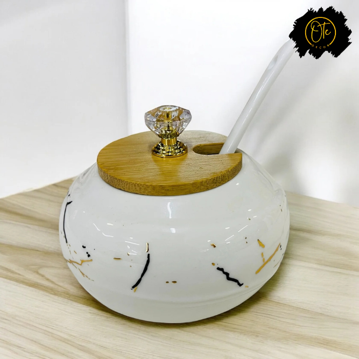 Luxury Marble-Inspired Ceramic Sugar Pot with Wooden Lid