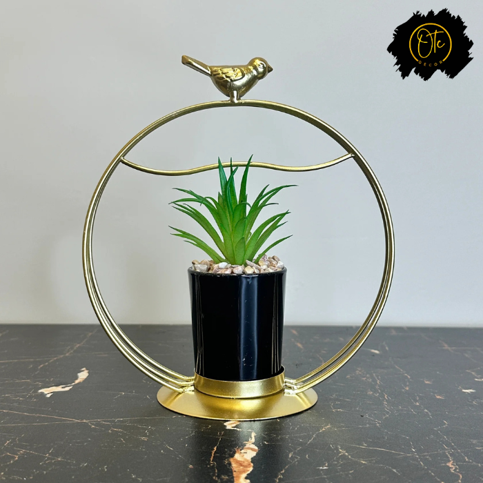 Golden Circle Planter with Bird Accent – Elegant Tabletop Décor