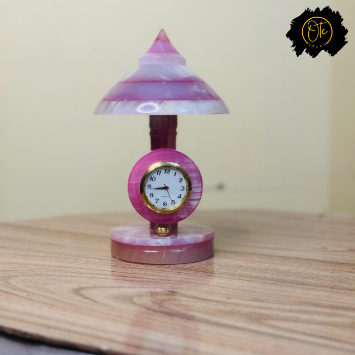 Handcrafted Pink Onyx Lamp Clock – Elegant Decorative Timepiece for Home and Office