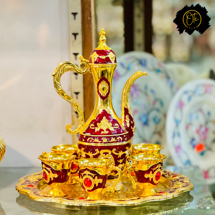 Royal Metal Tea Pot with 6 Tea Cups and Tray