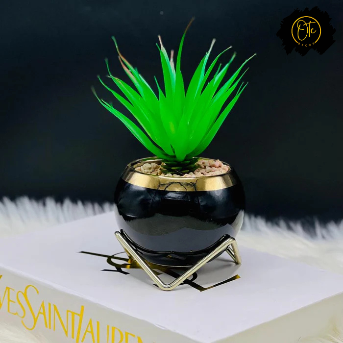 Modern Artificial Cactus in Decorative Vase – White, Black, & Green