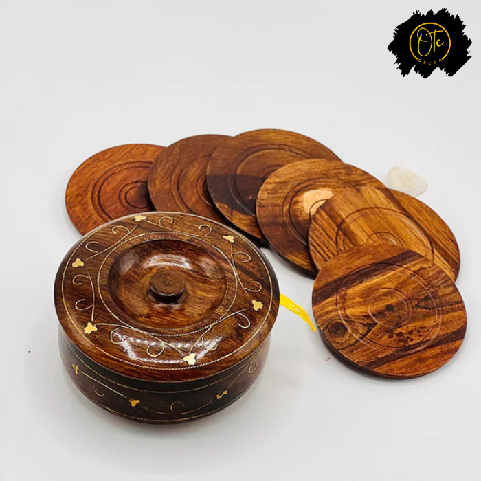 Handcrafted Wooden Brass Inlay Tea Coaster Set – Elegant Table Décor