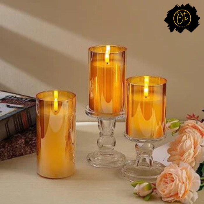 Simile Gold Glass Flameless Candles Flickering ( Set of 3 ) OTC