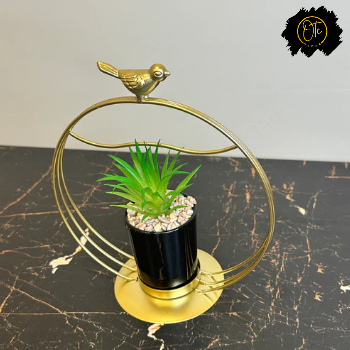 Golden Circle Planter with Bird Accent – Elegant Tabletop Décor