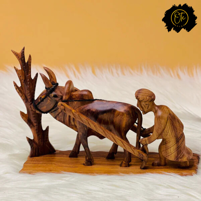 Rustic Hand-Carved Wooden Farmer Sculpture – Traditional Village Artwork