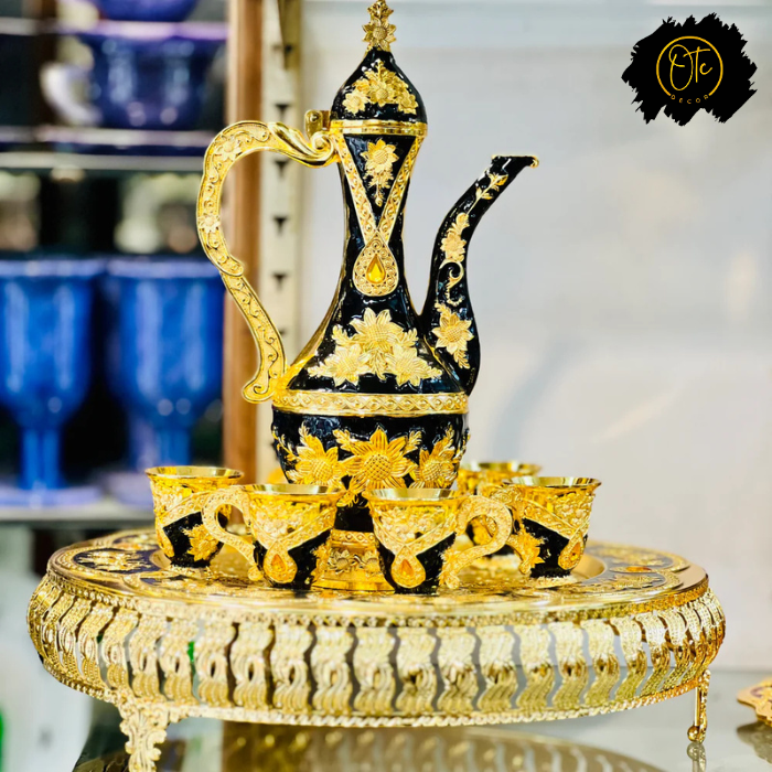 Exquisite Gold-Plated Arabic Kawa Set (8 Pieces) - Elegant Coffee Serving Set