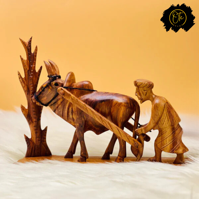 Rustic Hand-Carved Wooden Farmer Sculpture – Traditional Village Artwork