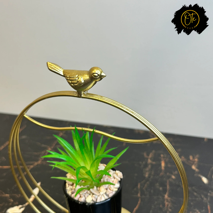 Golden Circle Planter with Bird Accent – Elegant Tabletop Décor