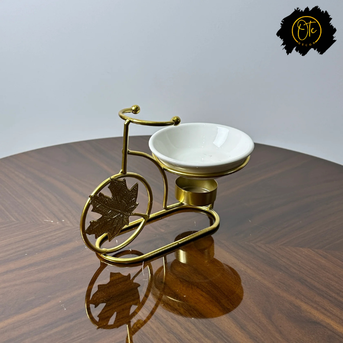 Golden Bicycle-Themed Luxury Ashtray with Ceramic Bowl – Modern Decorative Accessory