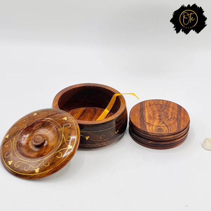 Handcrafted Wooden Brass Inlay Tea Coaster Set – Elegant Table Décor