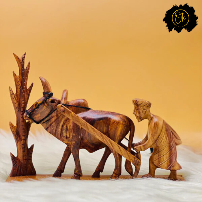 Rustic Hand-Carved Wooden Farmer Sculpture – Traditional Village Artwork