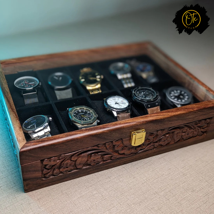 Handcrafted Wooden Watch Organizer Box with Glass Lid – Holds 10 Watches | Carved Art Design