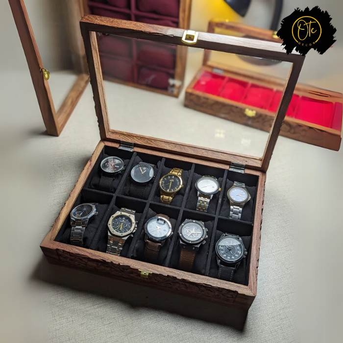 Handcrafted Wooden Watch Organizer Box with Glass Lid – Holds 10 Watches | Carved Art Design