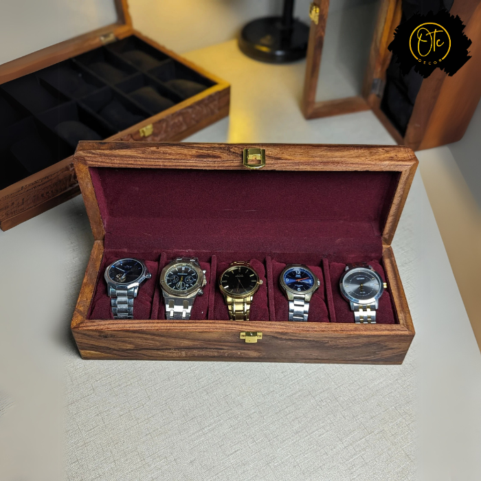 Handcrafted Wooden Watch Organizer Box – Holds 5 Watches | Premium Watch Storage Case
