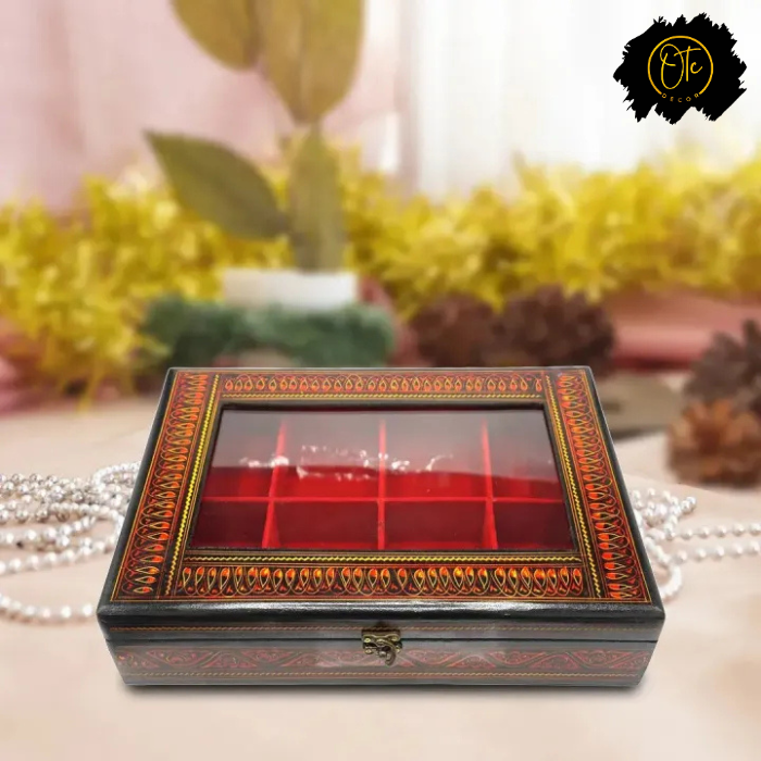 Handcrafted Rectangular Jewelry Box with Glass Lid – Traditional Lacquer Art & Velvet Compartments