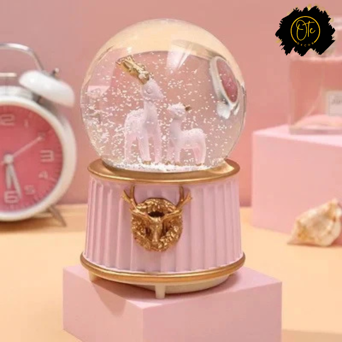 Pink Snow Globe with Deer Figurines