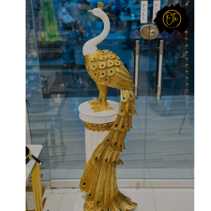 Majestic Golden Peacock Statue with Intricate Feather Design