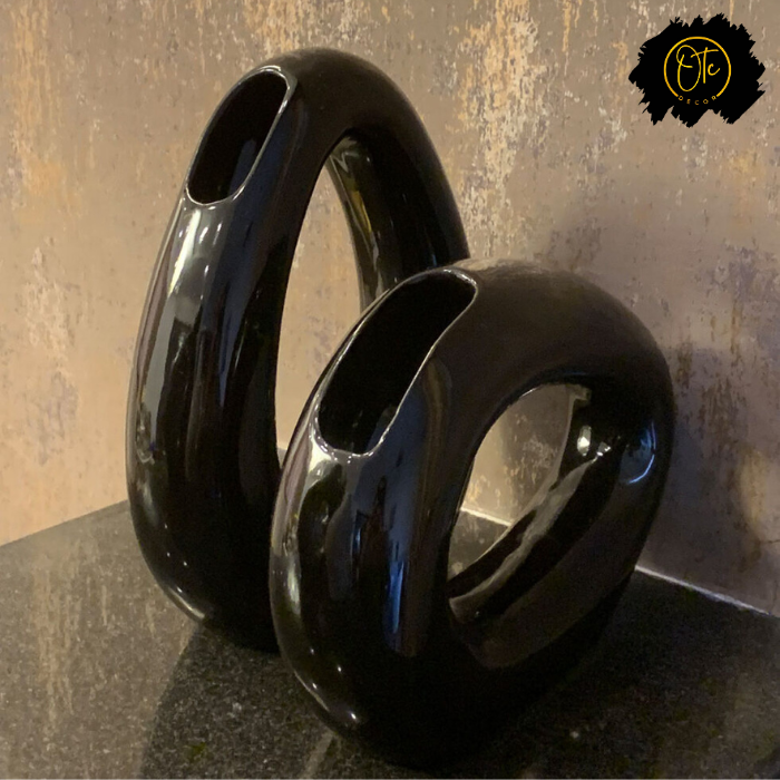 Modern Black Ring Vase Set – Unique Ceramic Decorative Vases for Home and Office Decor