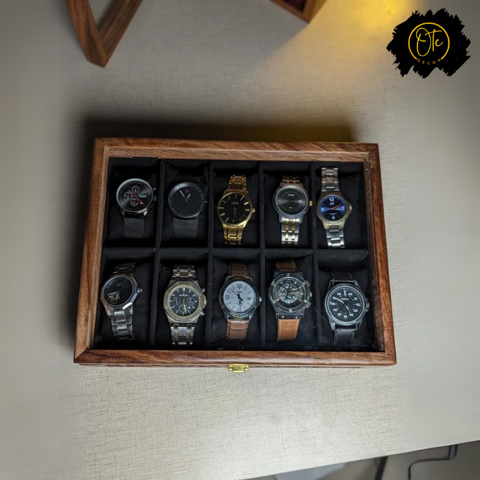 Handcrafted Wooden Watch Organizer Box with Glass Lid – Holds 10 Watches | Carved Art Design