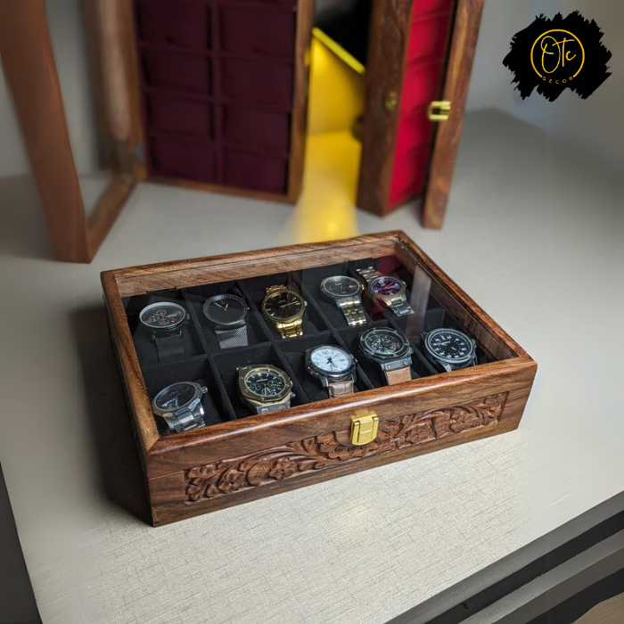 Handcrafted Wooden Watch Organizer Box with Glass Lid – Holds 10 Watches | Carved Art Design