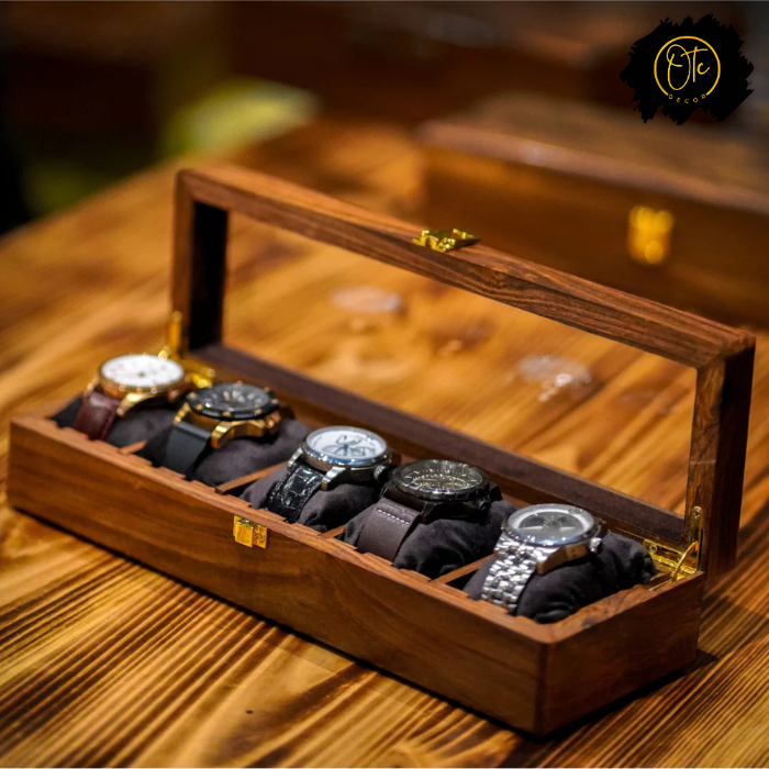 Handcrafted Wooden Watch Organizer Box with Glass Lid – Holds 5 Watches | Premium Display Case