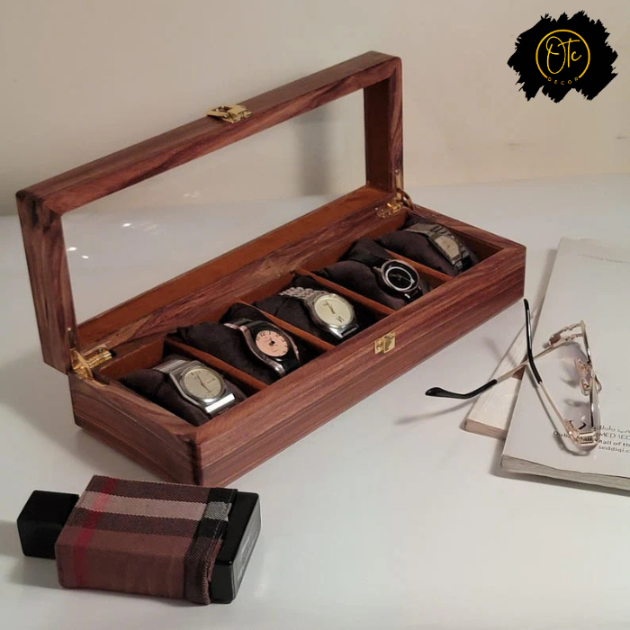 Handcrafted Wooden Watch Organizer Box with Glass Lid – Holds 5 Watches | Premium Display Case