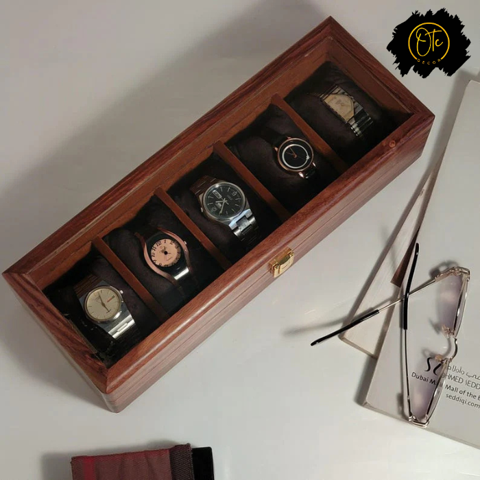 Handcrafted Wooden Watch Organizer Box with Glass Lid – Holds 5 Watches | Premium Display Case