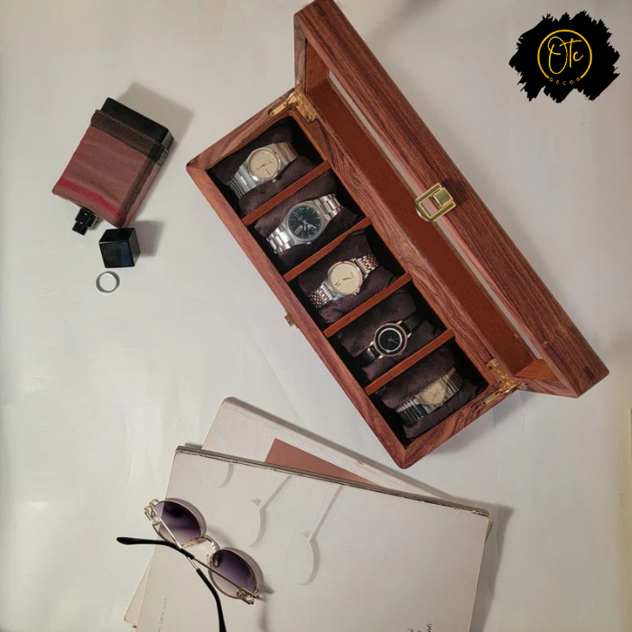 Handcrafted Wooden Watch Organizer Box with Glass Lid – Holds 5 Watches | Premium Display Case