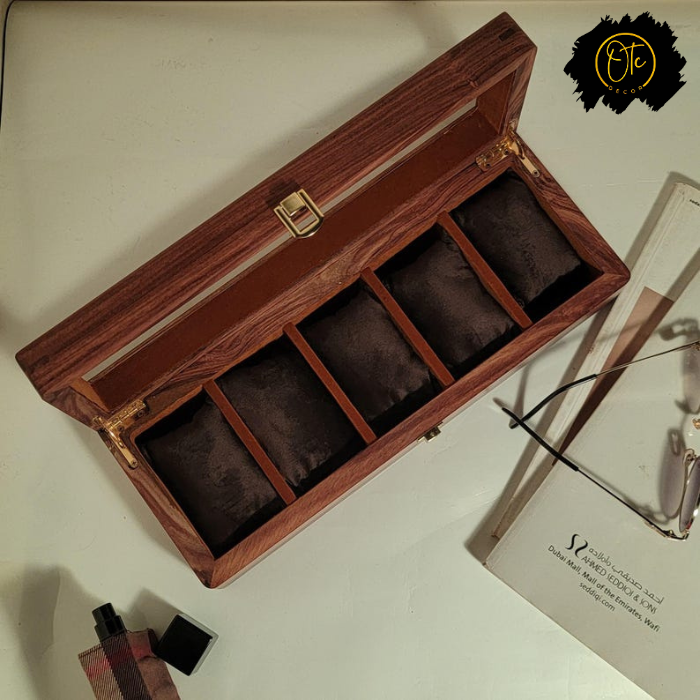 Handcrafted Wooden Watch Organizer Box with Glass Lid – Holds 5 Watches | Premium Display Case