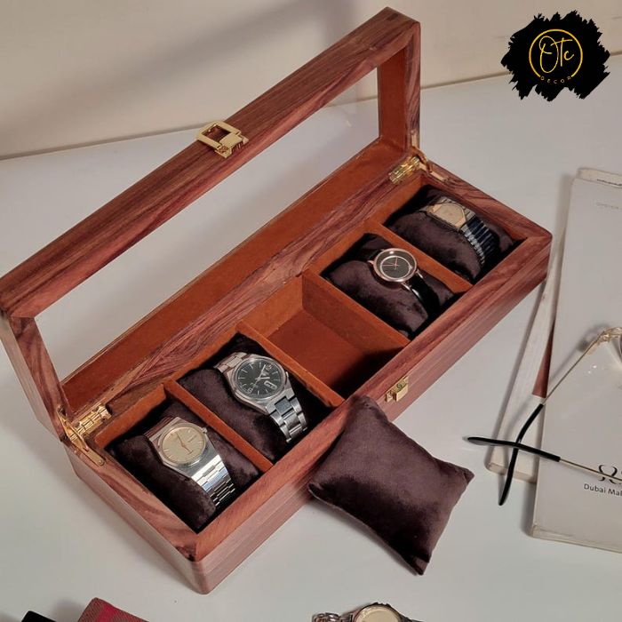 Handcrafted Wooden Watch Organizer Box with Glass Lid – Holds 5 Watches | Premium Display Case