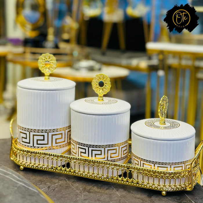 Luxury Ceramic Canister Set with Gold Detailing – Set of 3 with Tray