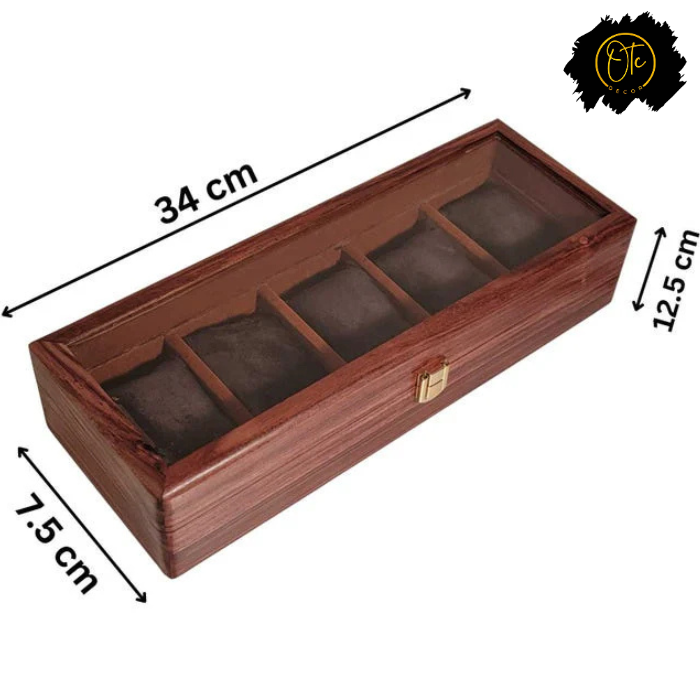 Handcrafted Wooden Watch Organizer Box with Glass Lid – Holds 5 Watches | Premium Display Case