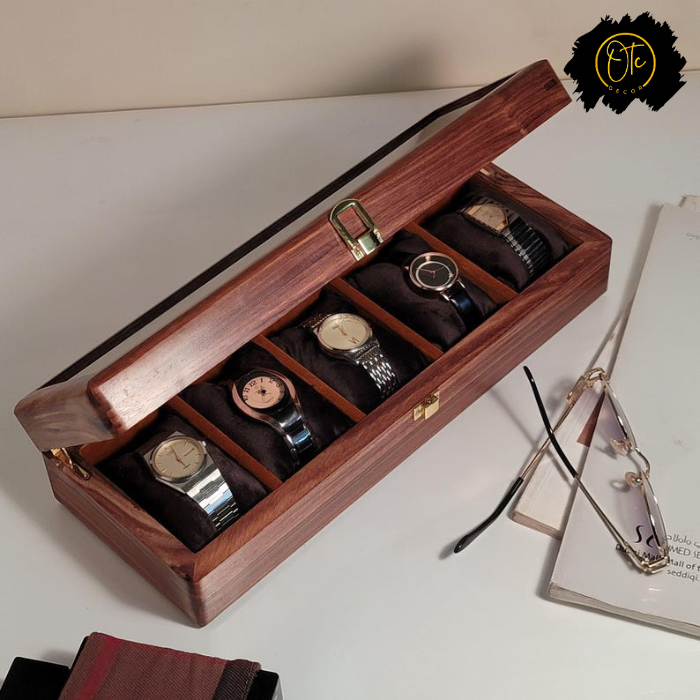 Handcrafted Wooden Watch Organizer Box with Glass Lid – Holds 5 Watches | Premium Display Case